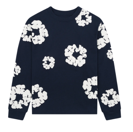 Long Sleeve Cotton Wreath Tee Navy - DENIM TEARS