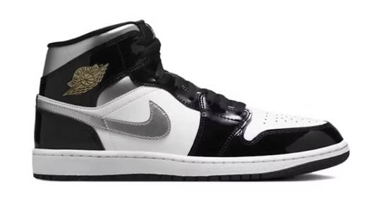 Jordan 1 Mid SE Patent Black White Metallic Silver Metallic Gold